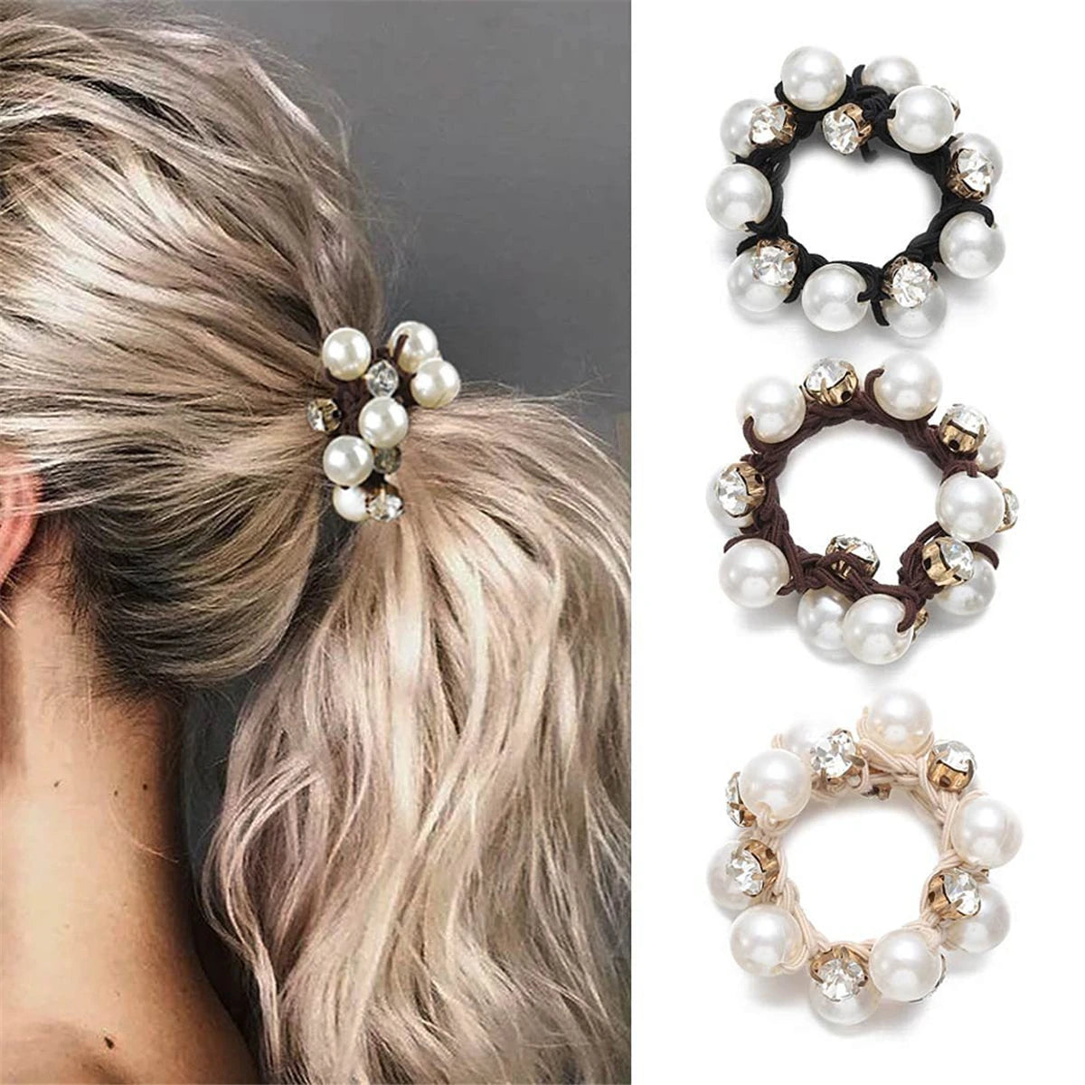 Lunivop  3pcs Paux Pearl Brimmed Hair Tie Glitter Rhinestone Decor Hair Rope Retro Style Scrunchies For Women