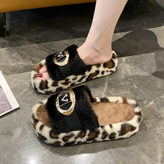 Lunivop Winter Fluffy Slippers Women New Leopard House Home Fur Slippers Women Designer Metal Decor Cozy Fuzzy Platform Slides