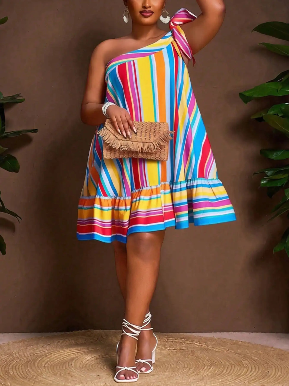 Lunivop  Plus Size One Shoulder Flare Summer Dress Casual Solid White