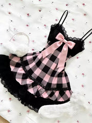 Lunivop  Vintage Harajuku Sweet Kawaii Women Slim Plaid Spaghetti Strap Dress Bow Lace Trim Layered Ruffle Cake Skirt Y2k Cute Outfits