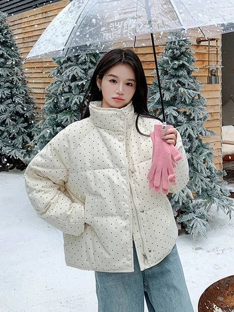 Lunivop Dot Sweet Warm Parkas Women Long Sleeve Retro Winter Thick Cute Cotton Coat Casual Stand Collar Pockets Korean New Jacket