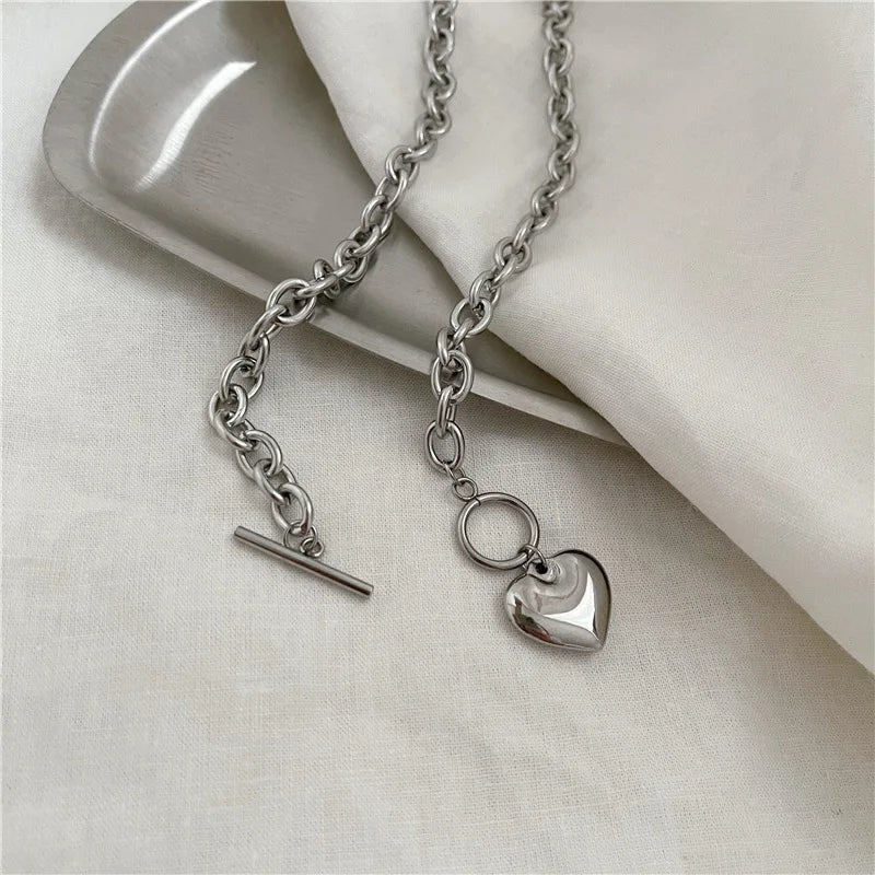 Lunivop Punk Stainless Steel Long Thick Chain Toggle Heart Pendant Necklace For Women Men Goth Choker Necklaces Trend Neck Jewelry