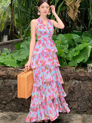 Lunivop Summer  Floral Neck Halter Dresses Women New French High Waisted Cake Dress Beautiful Romantic Flowers Vestido