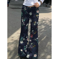 Lunivop Blue Womens Jeans High Waist Vintage Straight Printing Baggy Denim Pants Street American Style Casual Wide Leg Denim Trouser