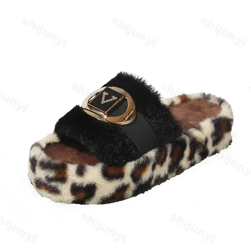 Lunivop Winter Fluffy Slippers Women New Leopard House Home Fur Slippers Women Designer Metal Decor Cozy Fuzzy Platform Slides