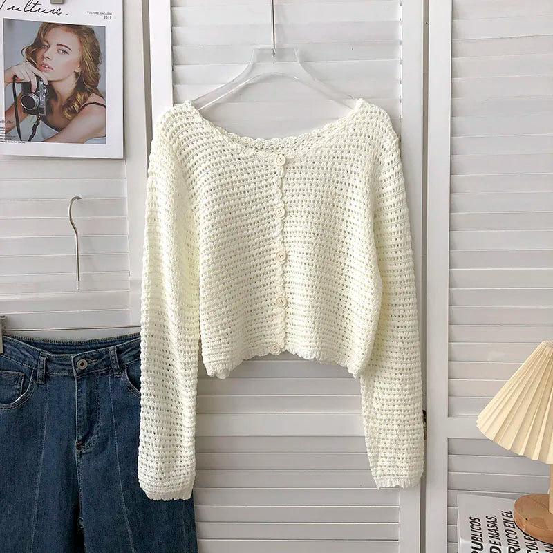 Lunivop Crochet Cardigan for Women Sheer Openwork Knit Long Sleeve Button Up Crop Top Teen-girl Shrug Cardigan Autumn Spring Y2K Outfit