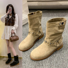 Lunivop New Women Suede Leather Ankle Boots Square Low Heels Pointed Toe Western Cowboy Boots Woman Autumn Winter Buckle Short Booties