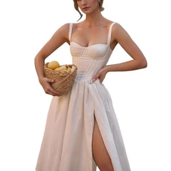 Lunivop  Sexy Bra Chest With Wire Corset Style Low Waist Spliced Ruched Pleated Swing Slit Long Midi Dress Women Bodycon Sling Robe White
