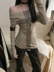Lunivop  American Cross Patchwork Long Sleeve T-shirt Woman Early Autumn New Tops Mujer Y2k Slim Fit   Bottoming Tees