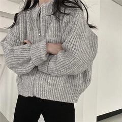 Lunivop Women's Zip Up Sweater Cardigan Chunky Knit Stand Collar Zipper Front Plain Sweater Jacket Ladies Korean Chic Fall Winter Outfit
