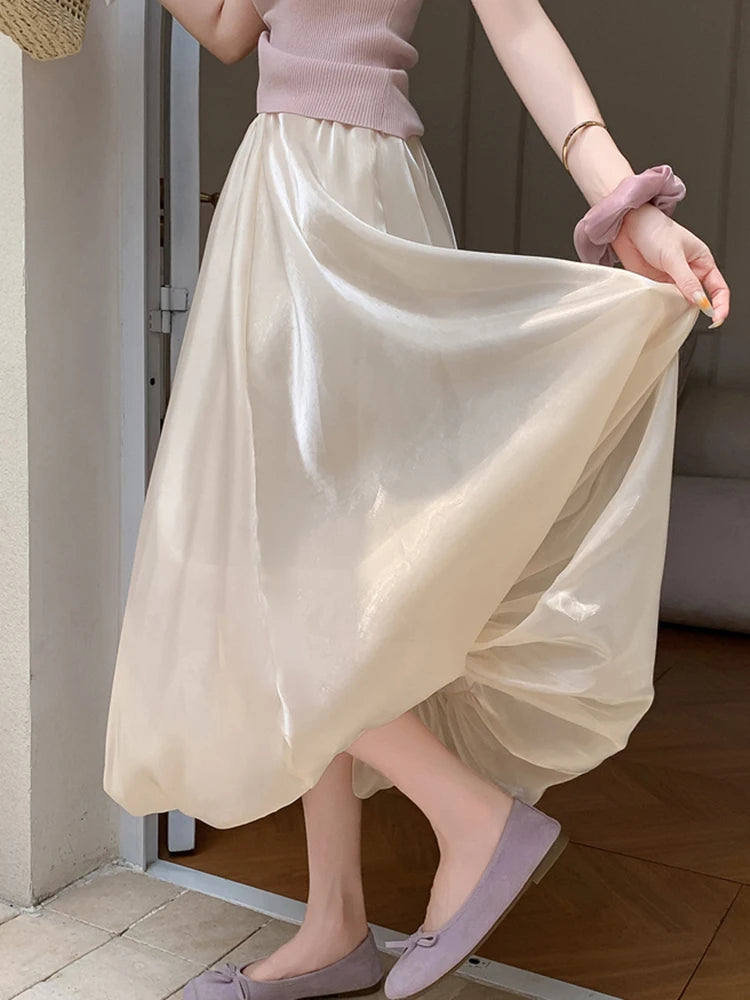 Lunivop Elegant Stain White Long Skirt Women High Waist Fashion Korean Sweet Skirts Casual Design Summer Gown Ball Long Skirts New