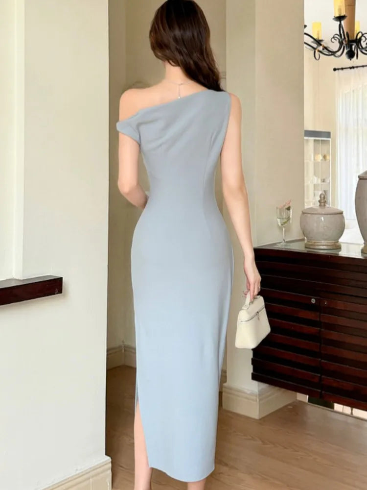 Lunivop  Elegant Solid Bodycon Evening Party Dresses Fashion Diagonal Collar Off Shoulder Prom Vestidos Summer Korean Female Clothing New