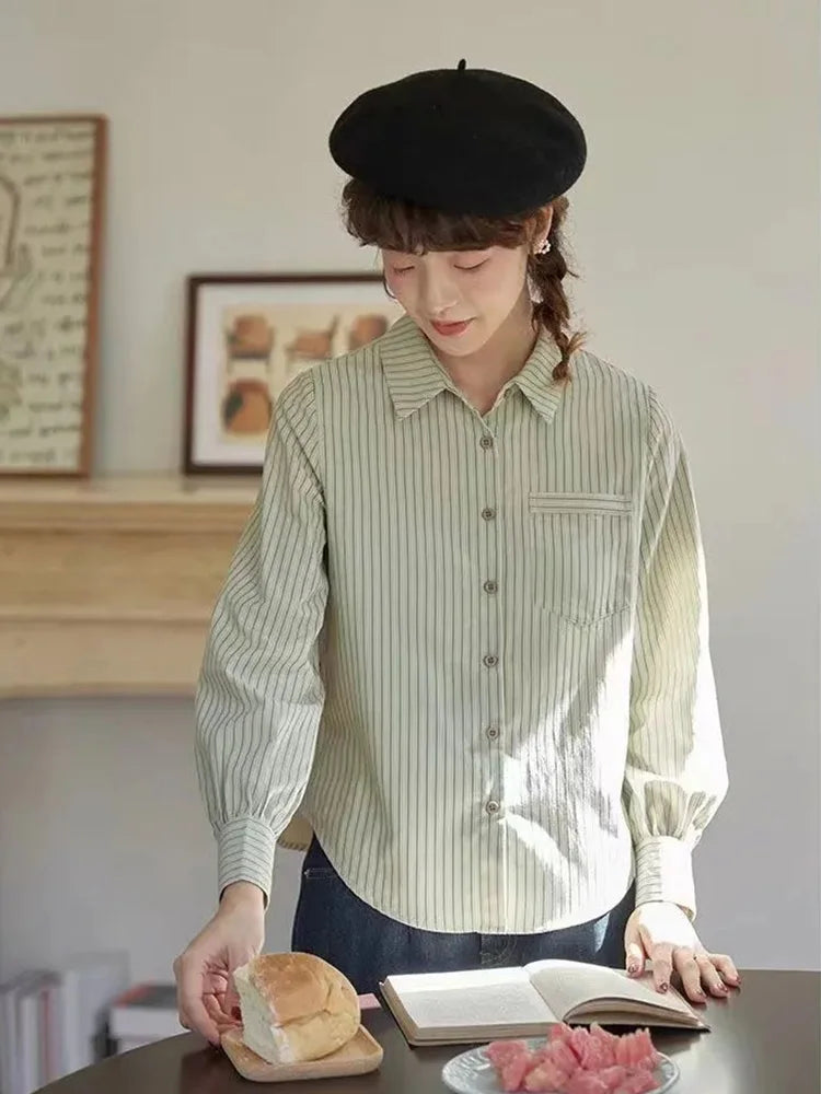 Lunivop Preppy Style Retro Striped Shirt Women Long Sleeve Elegant Sweet Blouse Japan Casual Pocket Fall Female Simple Vintage Tops New