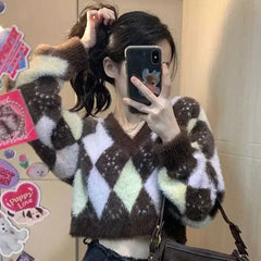 Lunivop V-Neck Slim Fit Sweater Mujer Y2K Korean Preppy Style High Waist Crop Tops Knitted Women Contrast Color Short Hotsweet Pullovers