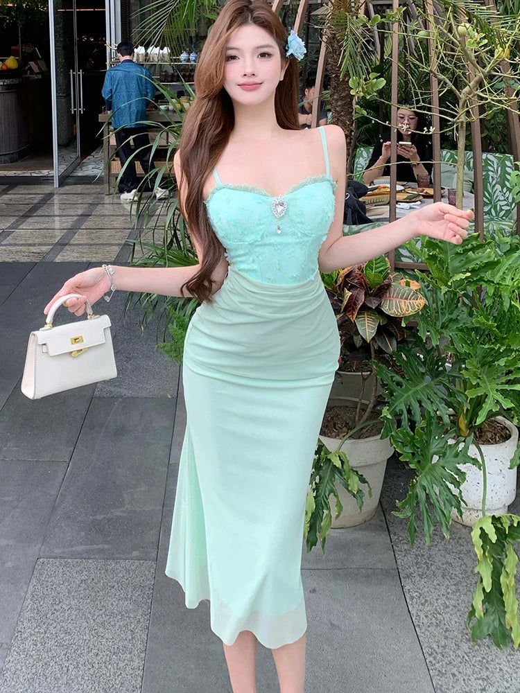 Lunivop  New Green Mesh Patchwork Diamonds Sling Long Dress Summer Elegant Casual Home Dress Women Korean Fashion Bodycon Prom Dress