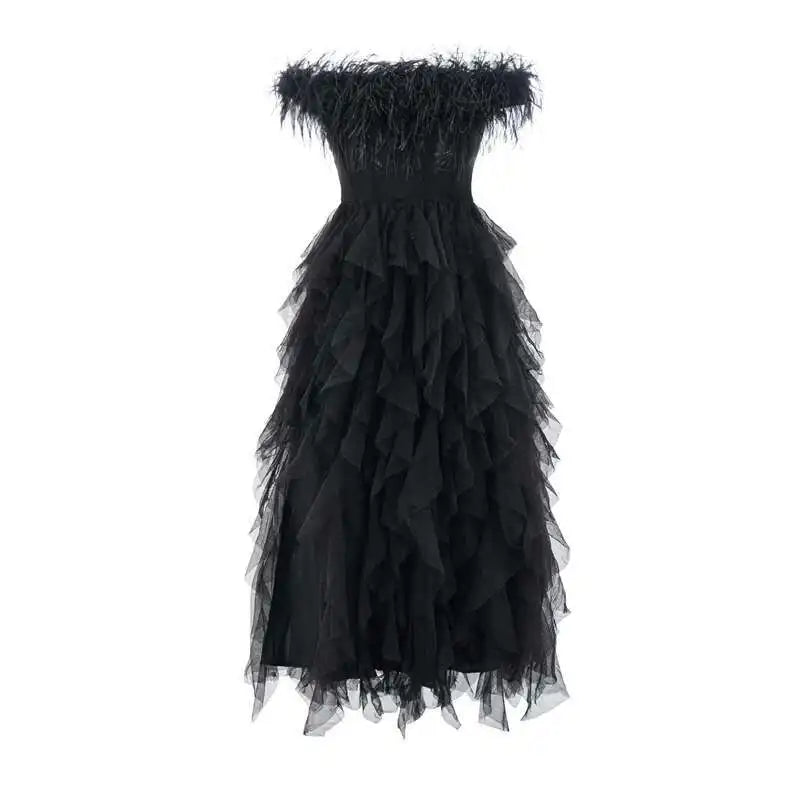 Lunivop Ruffles Edge Strapless Evening Dress Women Slash Neck Fashion Elegant Backless Puffy Dresses Female 2025 Spring New