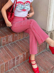 Lunivop  Womens Red Gingham Straight Leg Flare Pants High Waist Plaid Checkerboard Printed Y2k Vintage Trousers Summer Streetwear