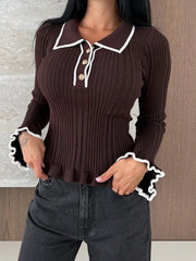 Lunivop  Turn-Down Collar Ruffles Knitted Tops Women Clothing Autumn And Winter Tight Fitting Long Sleeve Contrasting Color Knitwear