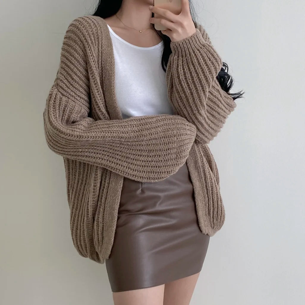 Lunivop Open Front Cardigan for Women Cozy Knit Oversized Open-up Sweater Grey Autumn Winter Teen-girl Casual Daily Outfit
