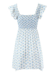 Lunivop  Sexy White Blue Flower Print Ruffle Strap Mini Dress V neck Ruched Elastic Chest Corset Sleeveless Short Tank Robe Holiday Woman