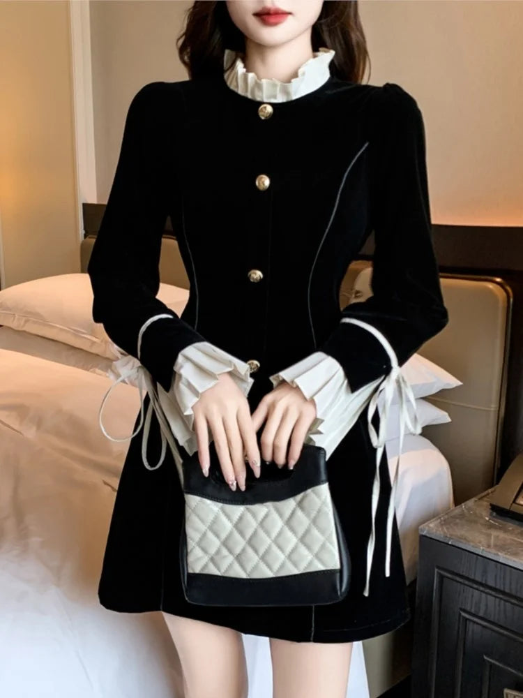 Lunivop  Y2K Black Mini Dresses for Women Single Breasted Flare Long Sleeve Ruffles Evening Party Dress Autumn Fashion A-Line Vestidos