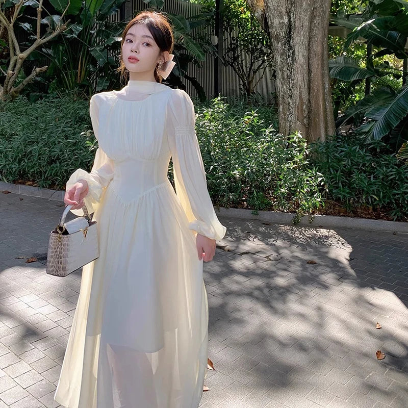 Lunivop  Women French White Chiffon Dresses Summer Elegant Sleeve Slim Puff Sleeve bodycon Gentle Fairy Short Dress