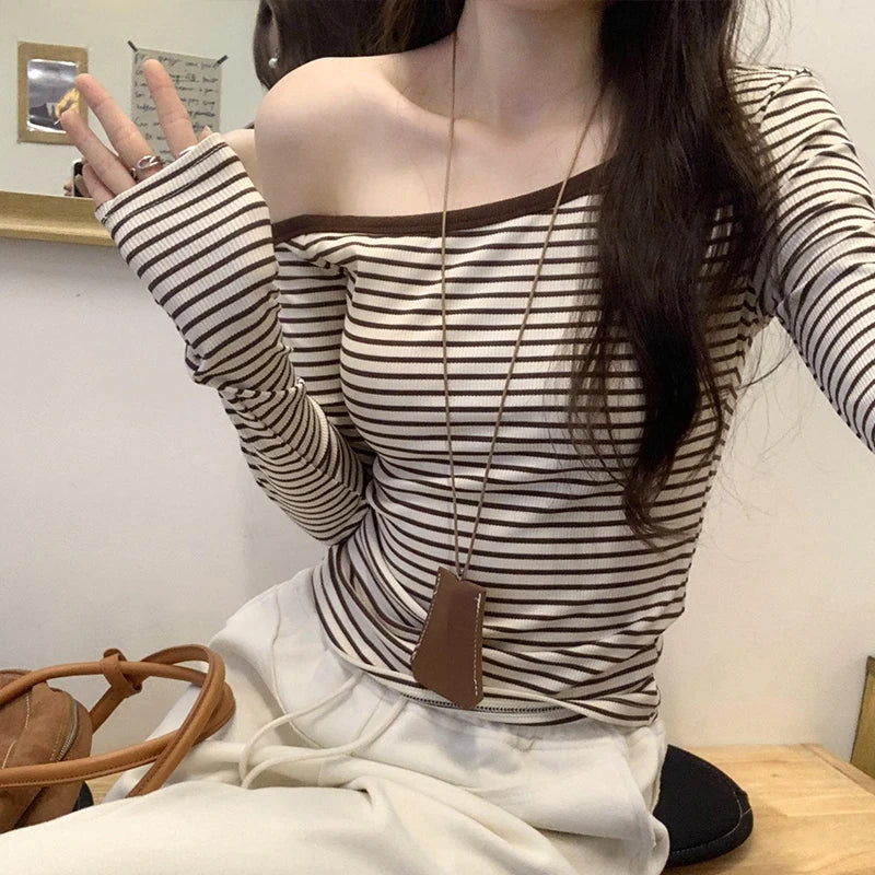 Lunivop 2025 New Spring Summer Vintage Striped Women's T-shirt Long Sleeve One Shoulder Casual Korean Bottom Shirts Tops Female
