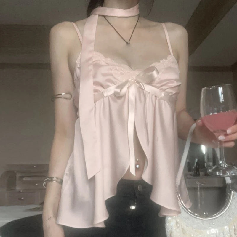Lunivop  Kawaii Bandage Lace Pink Camisole Women Sexy Sweet Patchwork Satin Crop Tops with Slit Summer y2k Vintage Tank Tops Cute