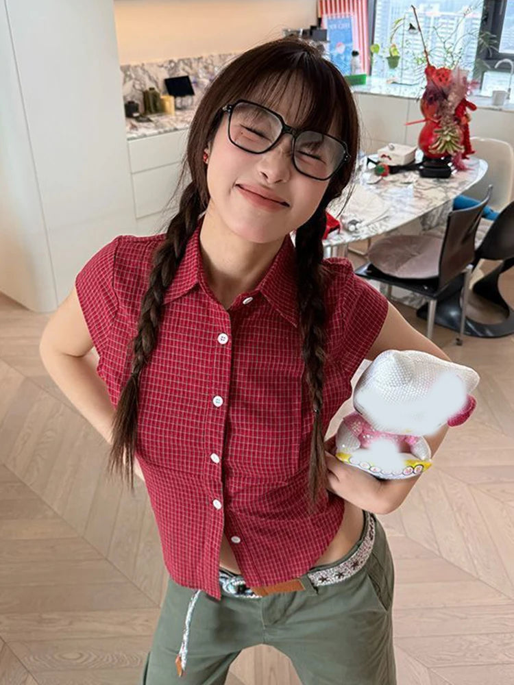 Lunivop Pure Cotton Red Plaid Shirt Women Slim Sexy Cropped Short Sleeve Y2K Blouse Vintage American Streetwear Female Summer Tops