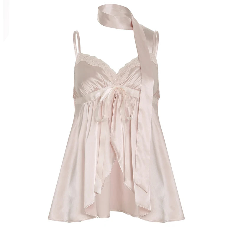 Lunivop  Kawaii Bandage Lace Pink Camisole Women Sexy Sweet Patchwork Satin Crop Tops with Slit Summer y2k Vintage Tank Tops Cute