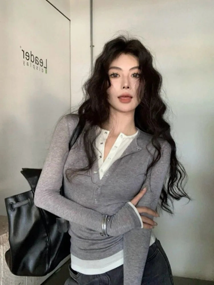 Lunivop Black Basic Fake Two Piece Women T-Shirts Long Sleeve Solid Color Korean Fashion Tees Harajuku Inner Bottoming Slim Sexy