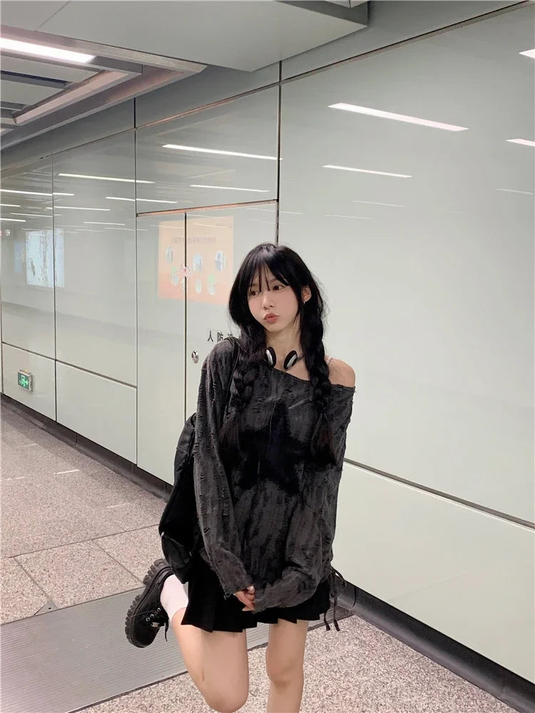 Lunivop Streetwear Drawstring Pleated Loose Long-sleeved T-shirt Women Autumn New O-Neck Star Stitching Distressed Casual Tops