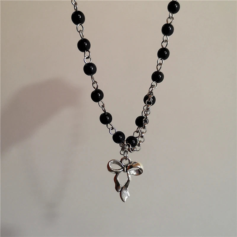 Lunivop Goth Aesthetic Black Glass Heart Bow Pendant Pearl Beaded Rope Chain Choker Necklace Egirl Y2K lolita 2000s Jewelry Accessories