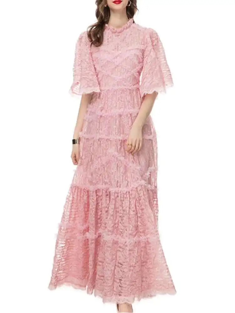 Lunivop Solid Sequin Embroidery Ruffled Dresses For Women Round Neck High Waist Short Sleeve Elegant Dress Female Spring New