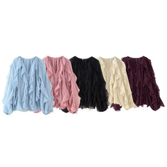 Lunivop  5 colors Fashion Cascaded ruffles V neck Open buttons Lantern Sleeve Shirt Women Loose Chiffon Blouse Tops