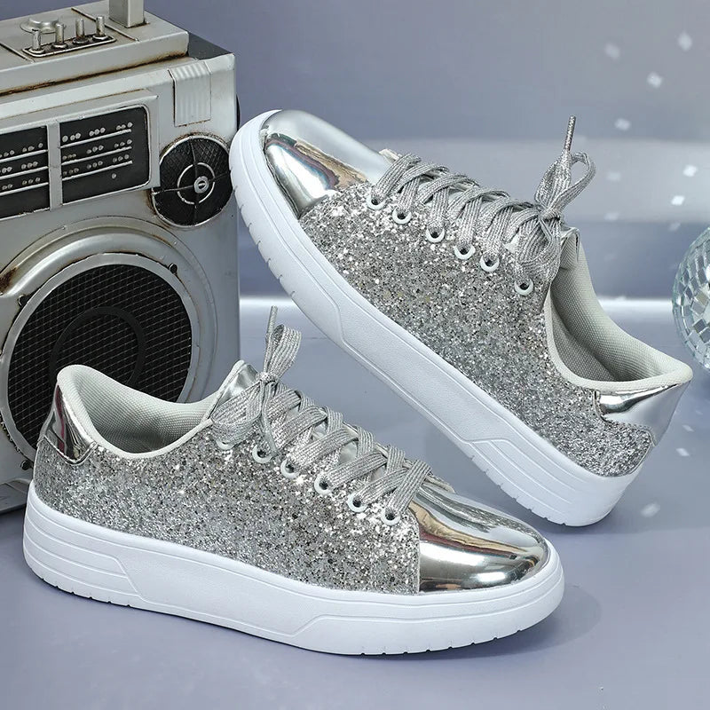 Lunivop New Women Platform Casual Sneakers Fashion Shiny Rhinestone Flat Shoes for Women Shining Crystal Sneaker Lacing Trend Shoes