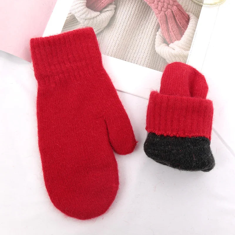 Lunivop Women Winter Keep Warm Plus Cashmere Solid Color Woolen Elasticity Soft Full Fingers Mittens Girls Black Fur Knitted Cute Gloves