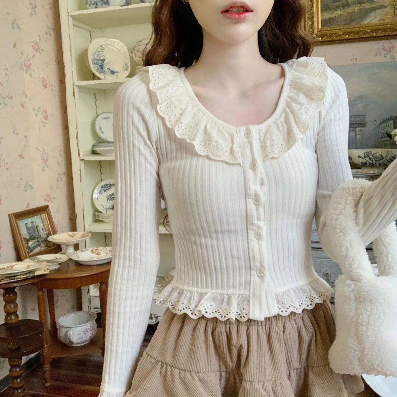 Lunivop Korean Style Sweet T-Shirts Women Elegant Lace Kawaii Long Sleeve Tops Autumn Winter Cutecore Female Solid T-Shirts