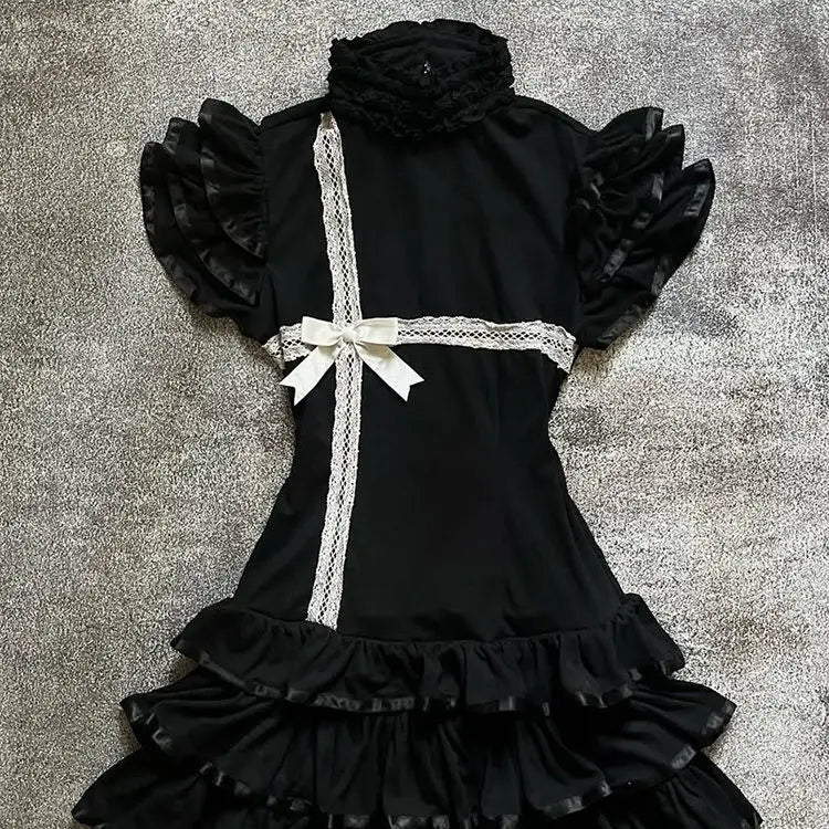 Lunivop  Gothic Sweet Black Lace Spliced Bow Mini Dress Women Vintage Y2k Aesthetic Slim Fit Waist Ruffles A-line Party Dresse