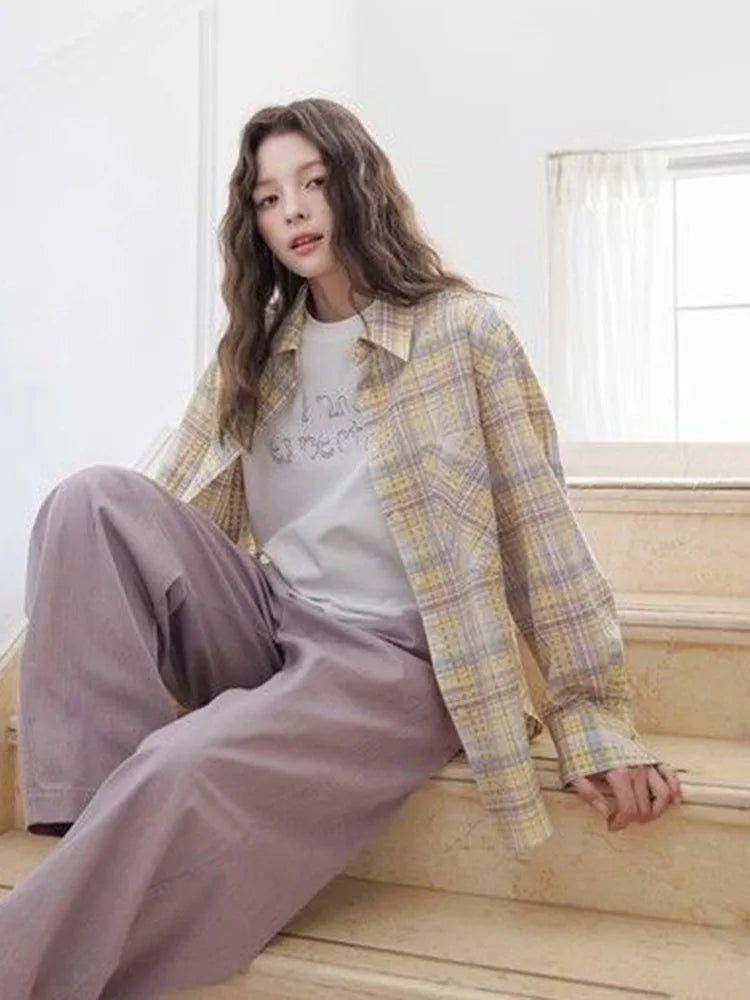 Lunivop Sweet Yellow Plaid Shirt Women Casual Vintage Long Sleeve Pocket Blouse American Fall Preppy Style Female Retro Loose Tops New