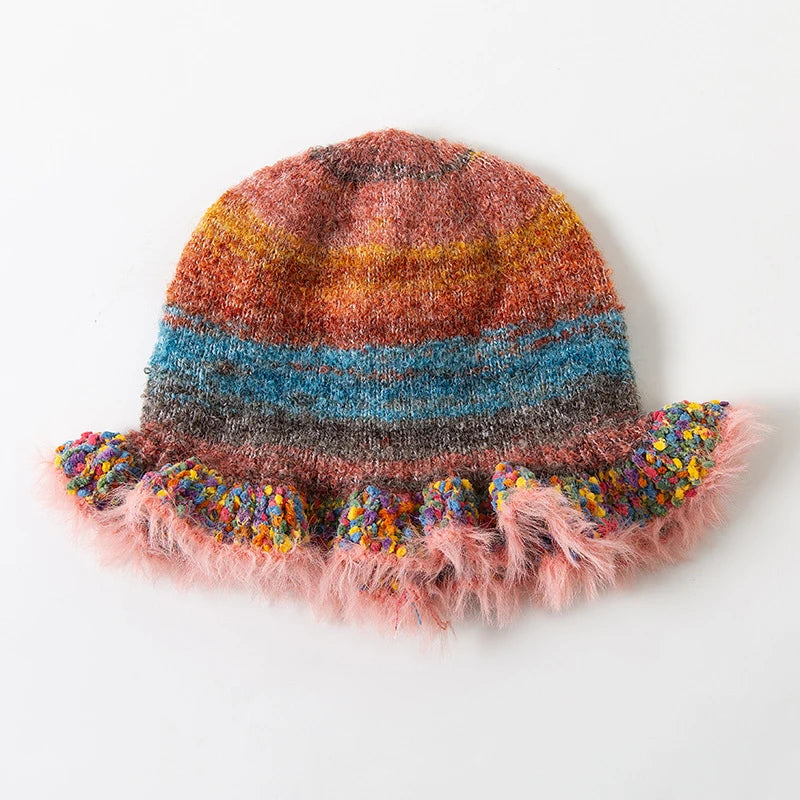 Lunivop Rainbow Knitted Hat Dopamine Fashion Retro Gradient Contrast Plush Ruffle Warmth Striped Oil Painting Woolen Fisherman Cap Decor