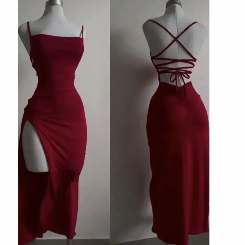 Lunivop Women Sexy Red Party Midi Dress Lace-up Irregular Split Long Dress Summer Halter Strap Spice Girl Bag Hip Clothes Solid