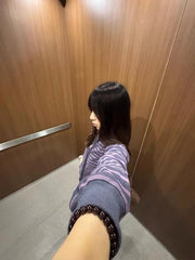Lunivop  Purple Striped Double Zippers Sweatshirt Women Autumn Winter Stand Collar Loose Casual Coats Top Y2k Grunge Streetwear