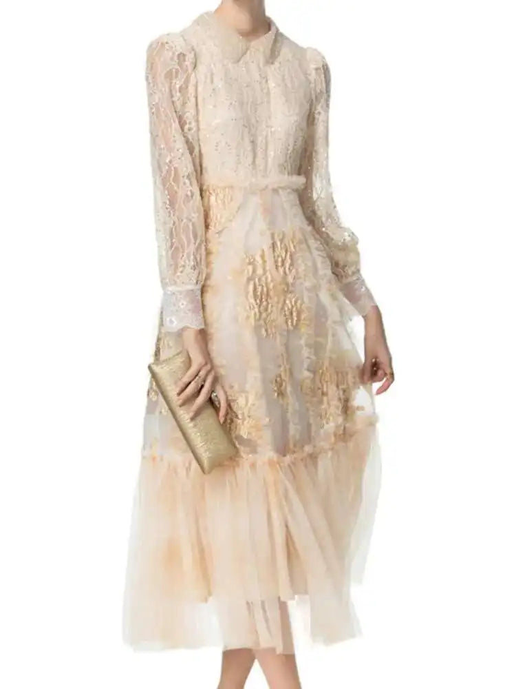 Lunivop Color Block Spliced Ruffles Sweet Dresses Women Lapel Long Sleeve Embroidery Midi Dresses Female 2025 Spring New