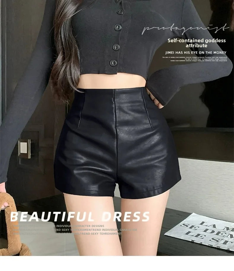 Lunivop Women's New Autumn Black Leather Shorts High-waisted Slimming Tight A- line Casual Pants For Smooth Slimmed Silhouette