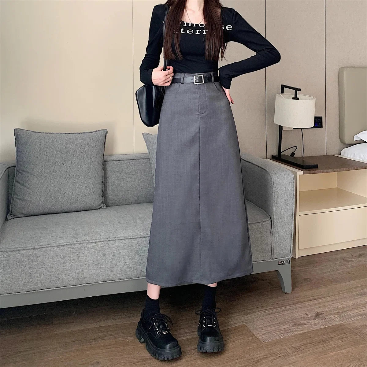 Lunivop High-waisted Slimming Skirt Greysuit Women's Lightweight Casual A- line Medium-length Dress