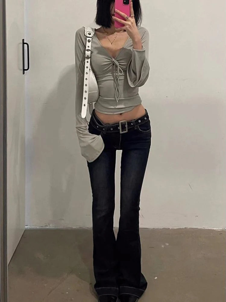 Lunivop Long Sleeve T-shirts Y2K Women Tops V-neck Bandage Sexy Bottoming Tees Slim Fit Autumn Winter Elastic T-Shirt Female Clothing