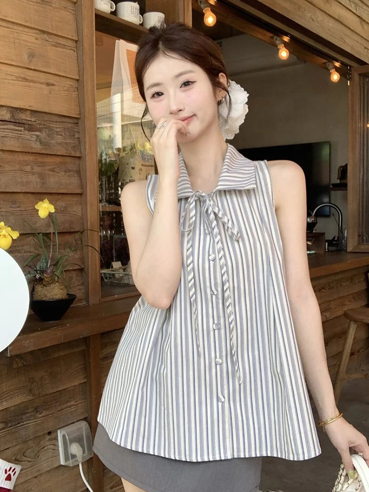 Lunivop  Sweet Sleeveless Striped Shirts Women Loose Sweet Vintage Lace Up Blouse French Elegant Casual Summer Female All Match Tops