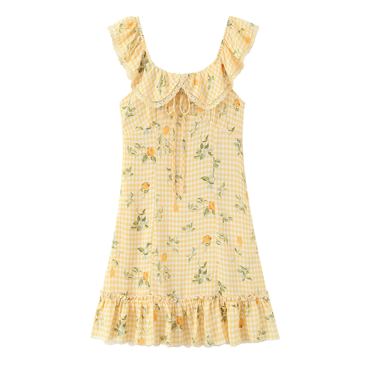 Lunivop  Vintage Yellow Plaid Floral Print Ruffles Strap Sleeveless Dress Women Slim Waist Wood ears Hem A-lined Short Tank Vestidos Robe
