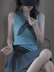 Lunivop  Personality Fashion Summer Preppy Style Sailor Neck Tank Tops Sweet All Match Striped Thin Camisole Y2k Korean Casual Tees